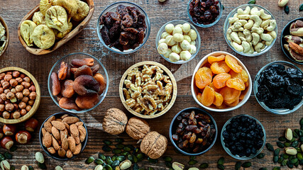 Composition with a variety of dried fruits and assorted nuts.