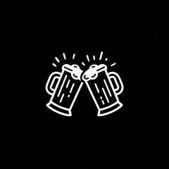 Two beer mugs clink, outline drawing of frothy drinks celebrate on solid black backdrop