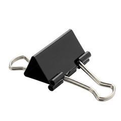 A black binder clip with silver metal handles isolated on transparent background