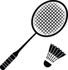 Black badminton racket and shuttlecock icon illustration on transparent background silhouette