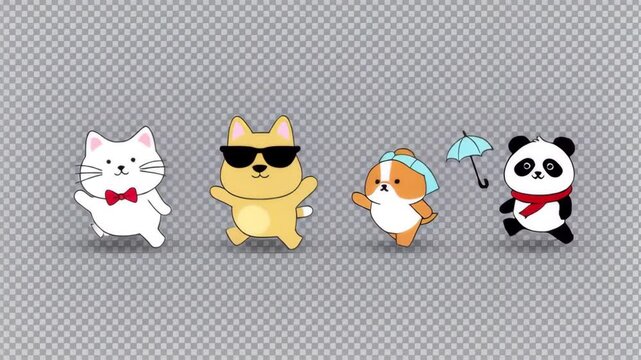Cute cartoon animals with simple designs in a row