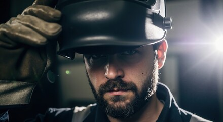 Confident industrial worker lifting his welding helmet for a dramatic portrait. Bearded craftsman in a factory looking at the camera with an intense gaze