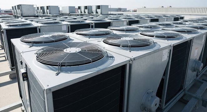 Multiple industrial HVAC air conditioning units on a rooftop. Rows of large cooling system fans for commercial building climate control