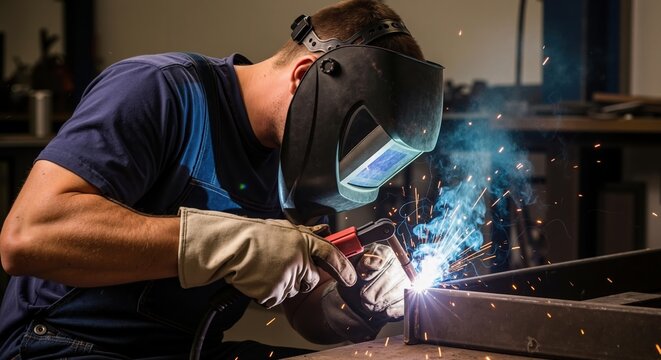 Welder in a protective helmet working with metal in a workshop. Industrial worker joining steel with a welding torch creating bright sparks and smoke