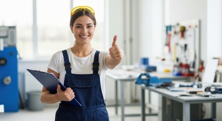 Confident female worker smiling and showing thumbs up in a factory. Professional technician in overalls holding a clipboard in a workshop. Quality control and job satisfaction concept