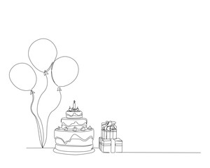 Continuous one line drawing of birthday cake with present box and ballloons. Birthday cake with candles outine vector illustration. Celebration, party, happy, celebrate, anniversary concept.