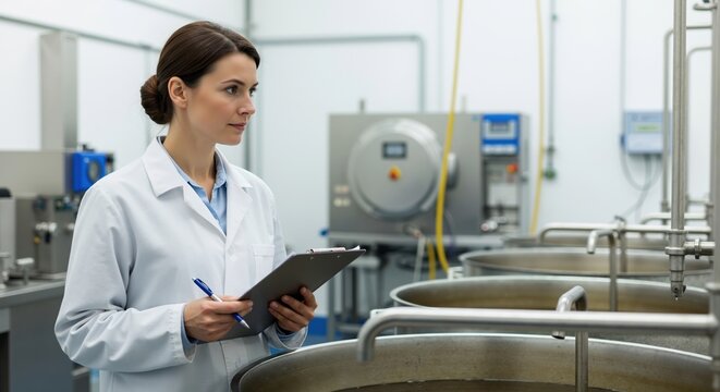 Female quality control inspector working in a factory. Professional woman in a lab coat with a clipboard monitoring industrial equipment. Food manufacturing and safety standards concept - Powered by Adobe