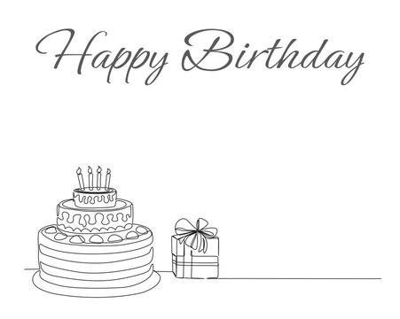 Continuous one line drawing of birthday cake with present box and ballloons. Birthday cake with candles outine vector illustration. Celebration, party, happy, celebrate, anniversary concept.