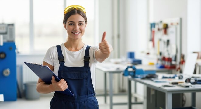 Confident female worker smiling and showing thumbs up in a factory. Professional technician in overalls holding a clipboard in a workshop. Quality control and job satisfaction concept