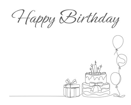 Continuous one line drawing of birthday cake with present box and ballloons. Birthday cake with candles outine vector illustration. Celebration, party, happy, celebrate, anniversary concept.