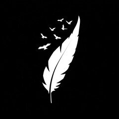 White feather gracefully transforms into flying birds against a dark background