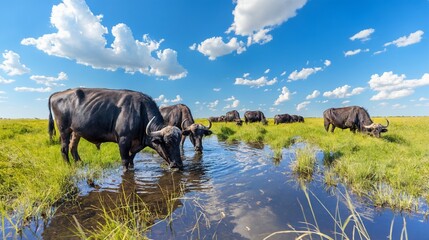 African buffalo herd grazing and drinking in wetland, wildlife scene