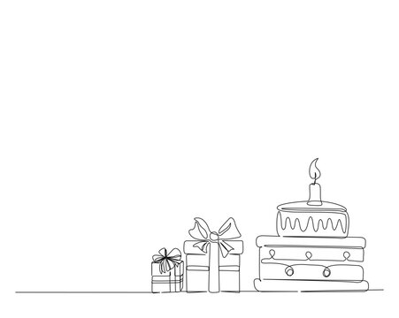 Continuous one line drawing of birthday cake with present box and ballloons. Birthday cake with candles outine vector illustration. Celebration, party, happy, celebrate, anniversary concept.