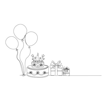 Continuous one line drawing of birthday cake with present box and ballloons. Birthday cake with candles outine vector illustration. Celebration, party, happy, celebrate, anniversary concept.