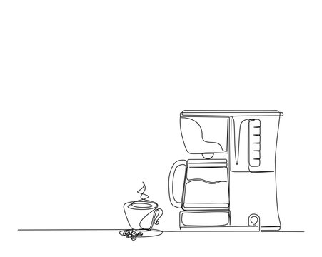 Continuous one line drawing of coffee maker machine with moca pot and cup of coffee. Coffee maker and moca pot  line art vector illustration. Editable stroke.