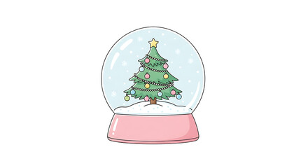 A cute cartoon illustration of a snow globe with a decorated Christmas tree inside, featuring falling snow and a pink base.