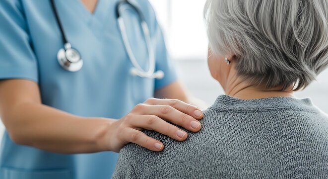 A compassionate nurse places a comforting hand on the shoulder of a senior patient, offering support and care during a medical visit - Powered by Adobe