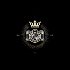 Stylized camera with crown emblem shining on black background, graphic design for branding