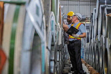 Two factory workers discussing metal coil inspection in an industrial warehouse. They wear safety gear, including helmets and vests, emphasizing teamwork, manufacturing, and industrial safety.