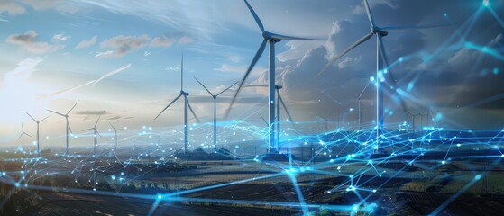 Wind turbines with digital energy network and blue technology lines