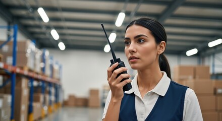 Female warehouse worker using a walkie-talkie for communication. Logistics manager coordinating operations in a large distribution center. Supply chain management concept