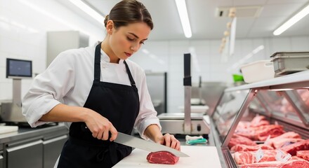 Professional female butcher cutting fresh raw meat with a knife. Woman chef working in a butcher shop preparing a beef steak for sale