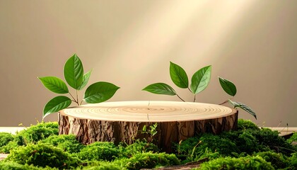 Wooden platform surrounded by moss and leaves with sunlight