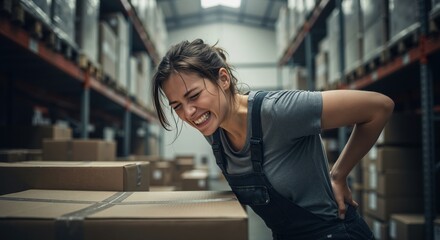 Warehouse worker feeling sharp back pain from lifting a heavy box. Young woman with a work injury holding her lower back in agony. Manual labor and workplace safety concept
