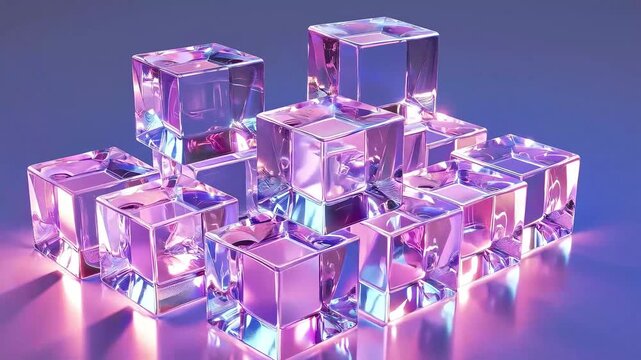 Shiny iridescent ice cube shaped objects on blue surface. Suitable for summerthemed designs, beverage advertisements, and abstract backgrounds.