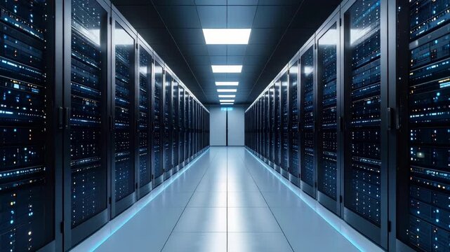Server room corridor with multiple data racks in illuminated blue, concept of data storage and processing