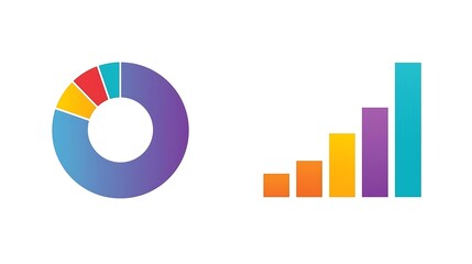 Minimalist pie chart and bar graph set, clean white background, vibrant flat design, data visualization.