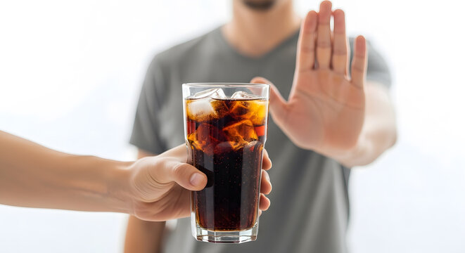 Man refusing soda drink Hand gesture showing decline of sugary beverage representing healthy lifestyle and sugar free habits