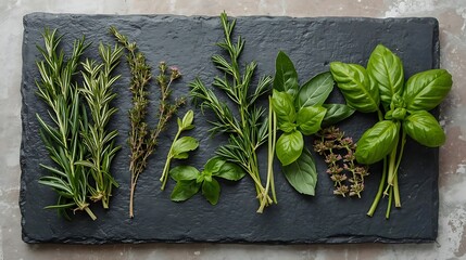 Obraz premium Overhead shot of various culinary herbs (rosemary, thyme, basil) arranged on a slate board, rustic.