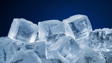 Obraz premium Perfectly cubed raw ice cubes, clear and frosty, against a deep blue background, sharp focus.