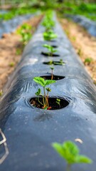 Young strawberry plants sprouting in rows through black plastic mulch