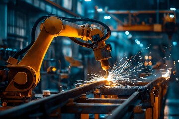 Industrial robot arm welding metal in smart factory automation line