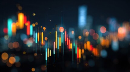A dynamic illustration of financial market data overlaid on a blurred cityscape at night, showcasing vibrant colors and a sense of activity and growth.