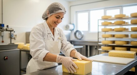 Smiling female cheesemaker working in a cheese factory. Professional artisan handling a block of cheese during production in a dairy plant