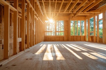 Wooden house frame under sunlight in forest