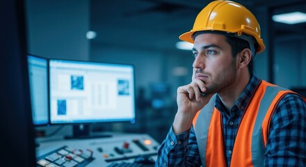 A thoughtful industrial engineer in a hard hat looks at computer screens in a control room. A factory worker monitors the production process on a high-tech console
