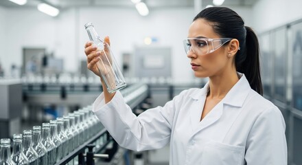 A female quality control inspector examines a glass bottle in a factory. A professional worker checks product quality on a bottling production line