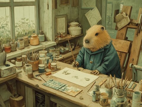 Capybara artist painting self-portrait creative illustration