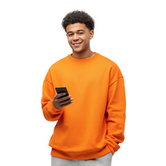 Young man in orange sweatshirt holding phone isolated on a transparent background 1