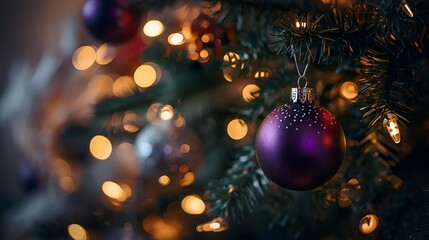Close up of a christmas tree with purple ornaments and blurred bokeh lights glow