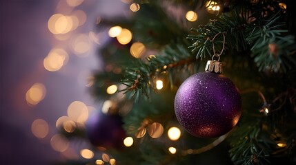 A christmas tree with purple ornaments and bokeh lights in the background