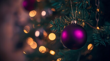 A close up of a purple christmas ornament hanging on a christmas tree branch