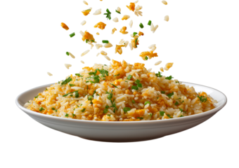 Fried rice with egg and chives falling isolated on a transparent background