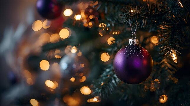 Close up of a christmas tree with purple ornaments and blurred bokeh lights glow - Powered by Adobe