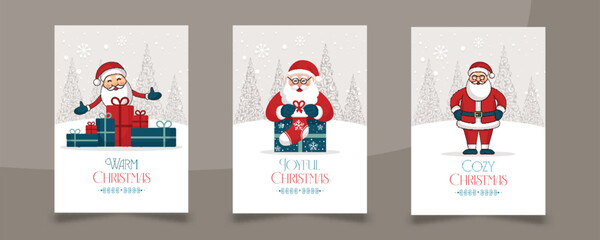 Charming set of three Christmas greeting cards Cheerful Santa Claus illustrations with various gifts stockings against a snowy winter forest backdrop. Perfect for holiday wishes and seasonal promotion