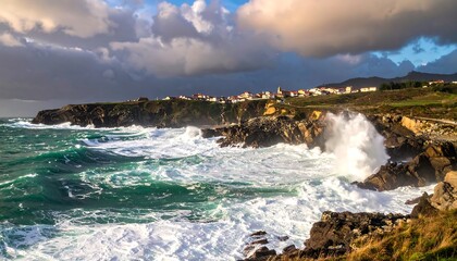 Coastal Waves Crashing on Rocky Shore.